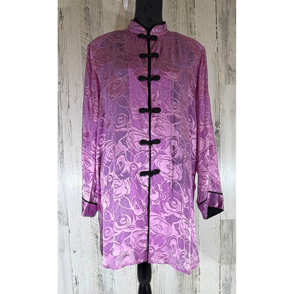 Bob Mackie Wearable Art Large Purple Silk Blend Floral Burnout Sheer Tunic - Picture 7 of 10